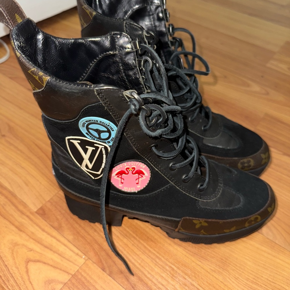 Louis Vuitton Black Lace Up Boots with Colorful Patches